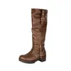 Botas de cowboy western retrô 2026 para mulheres, bico redondo, sola grossa, tamanho 40-45, tamanho grande, botas altas plissadas acima do joelho