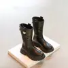 Botas femininas outono botas longas inverno e outono botas longas infantis meninas com mais veludo botas altas meninas pequenas botas de couro preto algodão de duas camadas