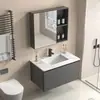 Mueble de baño con mueble de aluminio tipo panal montado en la pared, lavabo cerámico integrado y espejo de gabinete inteligente