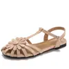 Sandálias Romanas de Metal Florais Respiráveis com Fivela Única Estilo Francês para Mulheres com Salto Bloco Pequeno, Bico Redondo Plano, Bico Fechado Xh9061-2