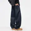 Jeans Original Azul Escuro de Perna Larga Cortado em Tesoura Masculino Solto Tubo Reto Temporada Outono e Inverno Lavado Com Pelúcia Adicional Mais Espessado Casual Calça Longa