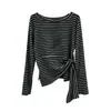 Camiseta Rayada Irregular de un Hombro para Mujer, Ropa de Tallas Grandes para Mujer de Manga Larga, Top Versátil Adelgazante de Otoño, Estilo Coreano