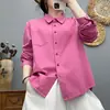 Camisa feminina de algodão puro, manga longa, corte solto, com colarinho dobrável, versátil e emagrecedora, camisa retrô artística