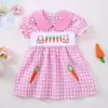 2026 Novo Estilo Macacão Rosa Xadrez para Bebê Menina com Gola de Boneca e Bordado de Cenoura Romper de Manga Curta Roupa de Verão para Bebê