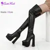 Botas por encima de la rodilla con plataforma T de talla grande europeas y americanas, tacón grueso, altura del tacón de 15 cm, estilo discoteca, para baile, moda urbana