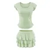 T344-2026 Conjunto de Top de Punto de Manga Corta Ajustado + Falda Casual de Niveles Adelgazante Nuevo Estilo Europeo y Americano para Chicas Modernas