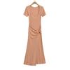 Vestido Retro Elástico de Cuadrado Europeo y Americano de Manga Corta para Mujer con Cintura de Diseño Retorcido Cruzado Falda Larga que Cubre la Cadera Color Puro