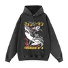 Sudadera con capucha vintage lavada y desgastada estilo japonés con estampado de personaje, sudadera con capucha pullover vintage retro desgastada