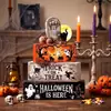 Decoración de Escritorio Navideña Halloween Lápida Gato Negro Bloque de Madera Vintage Desgastado