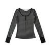 3502-25 Nuevo Estilo de Verano Estilo Coreano Rayas en Contraste Botón Cuello Cuadrado Elástico Aspecto Adelgazante Manga Larga Top Camiseta