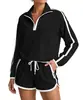 Conjunto Deportivo Casual de Dos Piezas para Mujer 2026 Estilo Nuevo Europeo y Americano con Sudadera de Media Cremallera de Manga Larga y Shorts Rayados de Color Contrastante