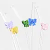 Pajita de vidrio de borosilicato con codo para batido, pajita para jugo de leche, pajita de vidrio de mariposa de colores para el amor
