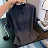 Top de Manga Corta para Mujer Azul Oscuro de Estilo Europeo de Alta Gama de Botonadura Única Estilo Commuter, Nuevo para Primavera 2026, Top de Moda que Reduce la Edad