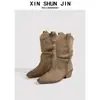Botines finos de punta para mujer de piel de vaca, botines cortos de otoño/invierno, botas de montar retro de tacón grueso, botas western holgadas arrugadas