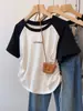 Camiseta Raglán de Manga Corta con Contraste Estilo Americano para Mujer en Verano, Talla Grande Chic Asimétrico con Cordón