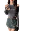 Estilo coreano sentido del diseño casual halter ropa de trabajo niñas principios de otoño versátil ajuste ceñido corto hombros descubiertos manga larga camiseta top