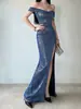 Vestido de noche azul con lentejuelas, de hombros descubiertos para mujer, con abertura y cola de pez, elegante vestido largo para anfitrionas de banquetes