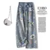 Jeans Cropped de Cintura Alta com Estampa Vintage e Pernas Largas para Verão Feminino 2026 Moda Fina Estilo de Verão Moda Rejuvenescedora