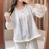 Pijama de Algodão Nuvem para Mulheres, Estilo Coreano Doce para Primavera e Outono, Manga Longa de Renda, Calça Longa, Estilo Fino, Conjunto de Roupa para Casa para Meninas