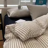 Conjunto de Cuatro Piezas Rayado de Hilo Puff Estilo Minimalista, Conjunto de Tres Piezas Simple de Algodón Puro Lavado para Dormitorio de Estudiante, Funda Nórdica, Sábana Ajustable 3