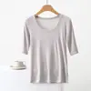 Nueva camiseta de punto acanalado de cuello redondo y manga tres cuartos para mujer, color liso de verano, fina, corte ajustado, camiseta básica versátil para usar debajo de otras prendas