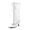 Botas de Caballero de Piel de Vaca para Mujer Botas Anchas Otoño Nuevo Estilo Piel Genuina Punta Fina Trenzadas Caladas Tacones de Aguja Retro Botas Altas hasta la Rodilla
