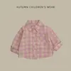 Camisa Rosa Xadrez Curta de Primavera/Outono para Bebê, Infantil, Gola Lapela, Bolso, Camisa Xadrez para Menina, Top Solto de Manga Longa
