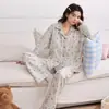Pijama de Mujer para Otoño e Invierno Cardigan de Imitación Algodón Manga Larga Pantalón Largo Conjunto Ropa de Casa Sencilla Se Puede Usar Afuera con Copas Integradas