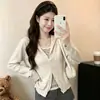 Suéter com Capuz Listrado Color-Block Moderno para Mulheres, Outono Jovem Peça Duas em Uma de Tricô Cardigã Top, Leve