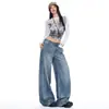 Novas Calças Jeans Lavadas Retrô com Padrão de Raio Cintura Baixa Perna Reta Longas Calças Largas Soltas Outono Suporta Dropshipping