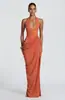 Vestido largo formal con cuello halter y escote en V profundo con atadura al cuello, diseño sin espalda, falso dos piezas, vestido cruzado drapeado de una pieza empalmada