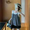 6242# Estilo Coreano Pastoral Cuadros Femenino Cuello con Adorno de Encaje Camisa Holgada Tipo Muñeca Top Camisola Falso de Dos Piezas