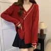 Suéter Rojo de Cuello en V para Mujer 2025 Otoño e Invierno Nuevo Diseño Chaqueta Cardigan Tejida Top Holgado