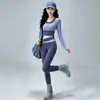 Set Especial de Pilates para Mujer Bloque de Color Falso Dos Piezas Top de Manga Larga Pantalones de Falda de Cintura Alta Elástico Adelgazante Se Puede Usar al Aire Libre