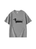 Camiseta de Manga Corta de Algodón Puro con Cuello Redondo Gris para Mujer Verano Nuevo Estilo Dibujo Animado Dachshund Simple Versátil Casual Holgada