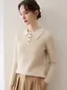 Camisa polo de cachemira para mujer, de manga larga, con cuello y bloques de color, corte ajustado, sencilla, elegante y con un toque de alta gama