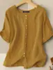 2023 Roupas Femininas Plus Size Europeias e Americanas Amazon Retrô Literário Manga Curta Casual Botão Frontal Gola Redonda Top Feminino Algodão e Linho