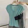 Blusa de Tricô Cinza com Gola U e Manga Curta para Mulheres, Estilo Fino de Verão, Caimento Soltinho Petite, Camiseta Estilo Preguiçoso com Mangas Levemente Bufantes