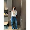 Moqie Divertido Redutor de Idade Toque Estilo Coreano Color Blocking Gola Redonda Estampa de Letras de Cachorro Manga Longa Solta Camiseta MQ1944