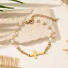 Pulsera vintage de acero inoxidable transfronteriza con cruz ajustable, piedra de ónix negro, perla, cuentas hechas a mano y cuentas de rosario en forma de corazón