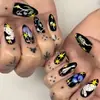 Fundo preto estrelas animais unhas vestíveis escuras doces legais arte de unhas amêndoa diversão retrô pequenos animais unhas postiças removíveis
