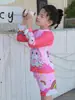 Suprimento transfronteiriço maiô infantil de duas peças com estampa de coelho de desenho animado e arco-íris, manga longa, shorts, proteção solar, para piscina, fonte termal, praia