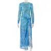 Vestido Colado de Moda Feminina Estilo Europeu e Americano, para o Dia a Dia Transfronteiriço, com Fenda, Bloqueio de Cores, Gola Redonda e Mangas Longas, Tendência, Slim Fit