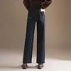 Jeans de alta qualidade com cintura elástica e perna reta para mulheres com forro de lã Outono/Inverno 2026 Nova Moda Solto Temperamento Calças para Mãe de Meia-idade