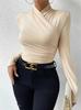 Europeo y Americano Transfronterizo Aliexpress Otoño e Invierno Amazon Nuevo Diseño Cuello Cruzado Slim y Versátil Camiseta Plisada