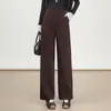 Calça Lã Elegante Marrom de Perna Larga para Mulheres Inverno 2025 Nova Moda Calça Casual Solta Cintura Alta Reta Comprimento Total