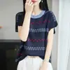 Camiseta de Manga Corta de Seda de Hielo para Mujer Verano 2026 Nuevo Suéter de Punto Holgado Diseño de Moda Rayas Cut Out Top Cuello Redondo