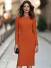Vestido Redondo de Manga Larga Estilo Europeo y Americano Simple para Mujer, Vestido Bodycon de Longitud Media Formal para el Trabajo con Ceñidor en la Cintura