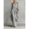 Conjunto de Pantalones de Pierna Ancha sin Tirantes, Hombros Descubiertos, Chifón Gris, Estilo Nuevo Transfronterizo Europeo y Americano para Mujer, Moderno Diseño Irregular