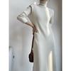 Otoño e Invierno Estilo Holgado Perezoso Sencillo Combinable Largo hasta la Rodilla con Abertura Vestido Largo de Punto de Cuello Alto para Mujer Largo Medio Interior
